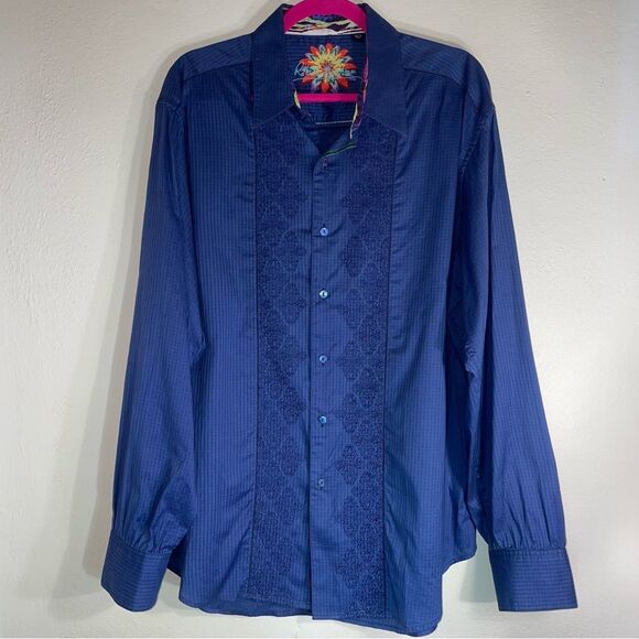 Robert Graham XL Flip Cuff Top Navy Blue Cotton Windowpane Embroidered Collar - Picture 1 of 10